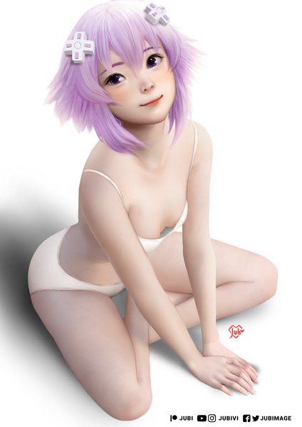 Anime picture 1240x1754 with choujigen game neptune neptune (choujigen game neptune) jubi (regiana) tall image looking at viewer fringe short hair breasts light erotic simple background smile hair between eyes white background sitting purple eyes signed purple hair long sleeves from above realistic