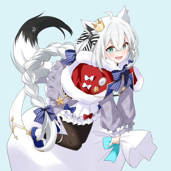Anime picture 3000x3000 with virtual youtuber hololive shirakami fubuki felutiahime single long hair looking at viewer fringe highres open mouth simple background smile hair between eyes holding green eyes animal ears payot ahoge bent knee (knees) white hair