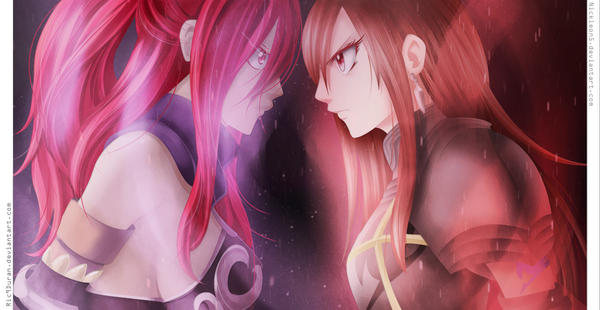 Anime picture 2000x1036 with fairy tail erza scarlet erza knightwalker ric9duran nickleon5 long hair fringe highres wide image multiple girls pink hair ponytail red hair profile pink eyes hair over one eye coloring face to face eye contact girl