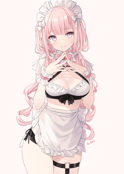 Anime picture 1100x1540 with original hitsukuya single long hair tall image looking at viewer blush fringe breasts light erotic simple background smile standing white background twintails signed pink hair cleavage blunt bangs pink eyes