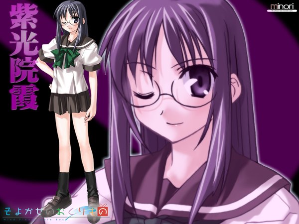 Anime picture 1280x960 with wind a breath of heart shikouin kasumi blush short hair black hair one eye closed light smile wink grey eyes hand on hip hieroglyph close-up purple background girl uniform school uniform socks glasses black socks