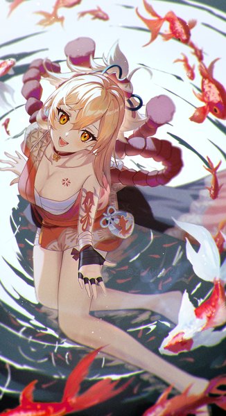 Anime picture 1207x2222 with genshin impact yoimiya (genshin impact) zakkuri single tall image looking at viewer short hair breasts open mouth light erotic blonde hair large breasts sitting ponytail :d from above arm support bare legs orange eyes tattoo