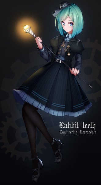 Anime picture 2480x4511 with original keller enasa arnold-s single tall image looking at viewer highres short hair blue eyes full body long sleeves pleated skirt green hair text glowing english lolita fashion steam punk girl skirt