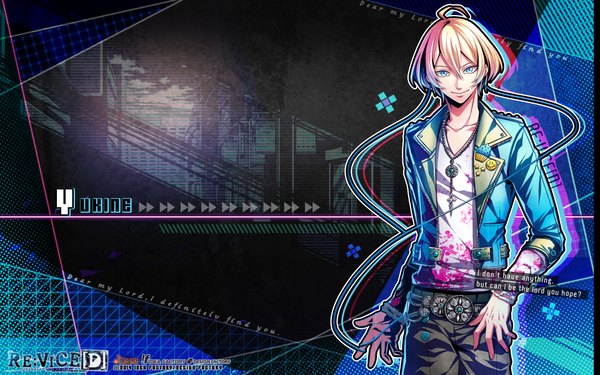 Anime picture 1920x1200 with re:vice[d] idea factory yukine (re:vice[d]) looking at viewer highres short hair blue eyes blonde hair standing light smile official art wallpaper boy belt pendant