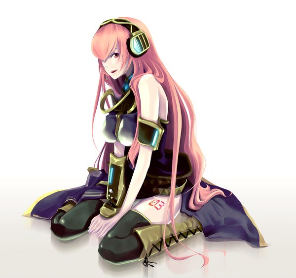 Anime picture 1200x1130 with vocaloid megurine luka gassun single long hair simple background white background sitting pink hair pink eyes lips tattoo girl thighhighs boots headphones