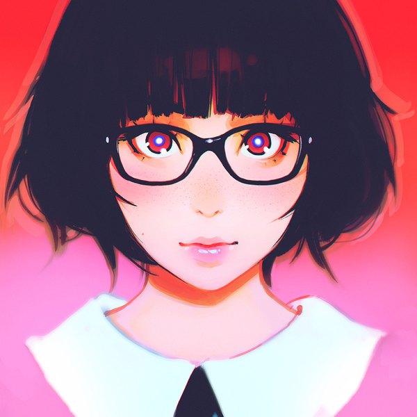 Anime picture 1080x1080 with original ilya kuvshinov single looking at viewer blush fringe short hair black hair simple background red eyes blunt bangs lipstick gradient background portrait pink lipstick girl glasses