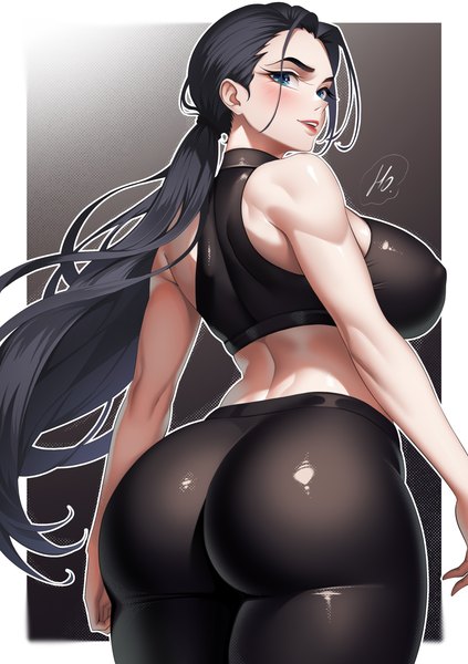 Anime picture 2113x3000 with one piece toei animation nico robin ho haiiro single long hair tall image blush highres blue eyes light erotic black hair ass looking back sleeveless lipstick border low ponytail red lipstick outside border