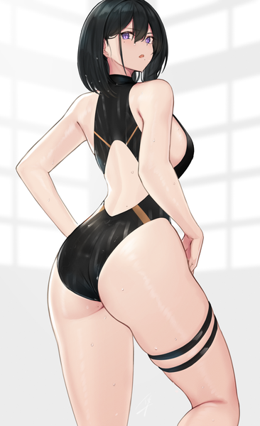 Anime picture 2040x3340 with original classy-black-haired girl (hayabusa) hayabusa single tall image looking at viewer fringe highres short hair breasts open mouth light erotic hair between eyes standing purple eyes bent knee (knees) ass indoors looking back from behind