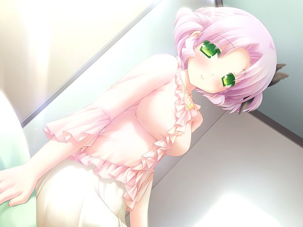 Anime picture 1024x768 with cafe sourire cuffs (studio) mizushima kasumi blush short hair green eyes pink hair game cg girl