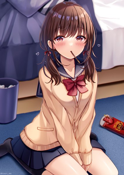 Anime picture 776x1092 with original sakura hiyori single long hair tall image looking at viewer blush fringe breasts brown hair sitting twintails holding brown eyes signed indoors long sleeves pleated skirt blurry no shoes