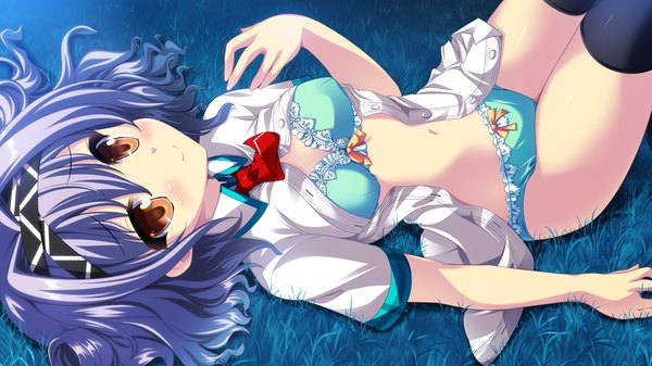 Anime picture 2560x1440 with cocoro@function! shirakusa mebae blush highres short hair light erotic smile wide image brown eyes blue hair game cg open clothes open shirt girl thighhighs underwear panties black thighhighs shirt lingerie