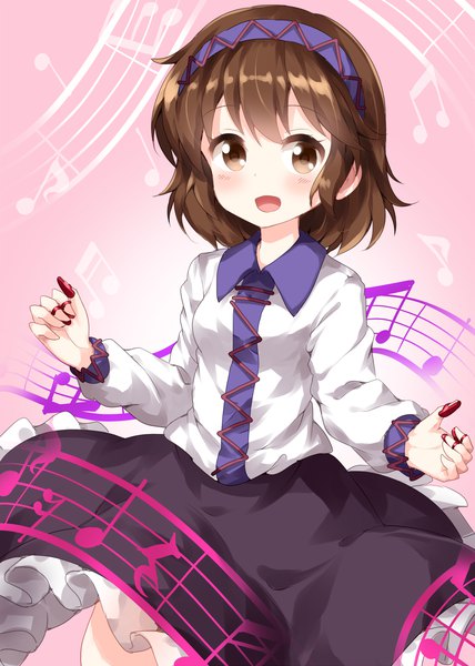 Anime picture 1000x1400 with touhou tsukumo yatsuhashi ruu (tksymkw) single tall image looking at viewer blush short hair open mouth brown hair brown eyes girl skirt hairband musical note