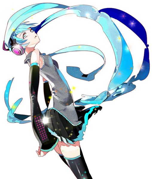 Anime picture 694x818 with vocaloid hatsune miku serori single tall image looking at viewer fringe open mouth simple background white background bare shoulders very long hair aqua eyes aqua hair girl thighhighs black thighhighs detached sleeves necktie headphones