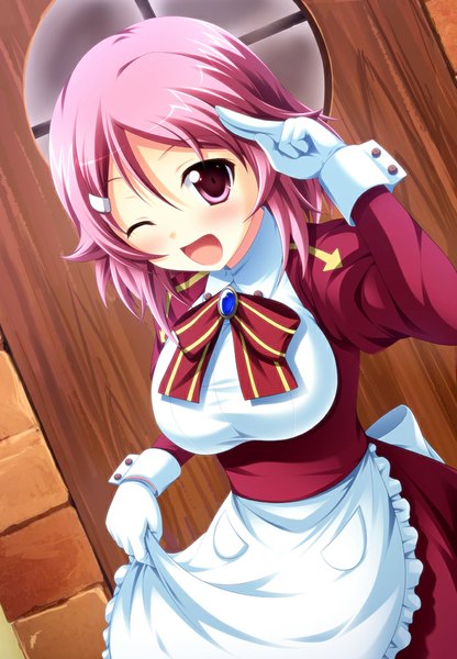 Anime picture 693x1000 with sword art online a-1 pictures lisbeth tsuda akira single tall image looking at viewer blush short hair open mouth pink hair one eye closed pink eyes wink girl dress gloves