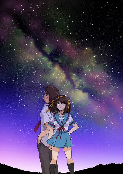 Anime picture 1697x2400 with suzumiya haruhi no yuutsu kyoto animation suzumiya haruhi kyon haruhisky tall image fringe short hair smile brown hair standing brown eyes looking away outdoors pleated skirt night short sleeves night sky hand on hip looking up