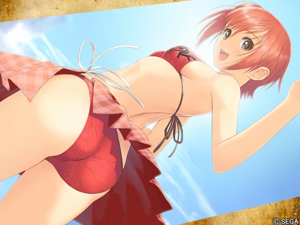Anime picture 1280x960 with shining (series) shining wind kanon seena tony taka looking at viewer short hair open mouth light erotic smile sky looking back from below girl swimsuit bikini red bikini