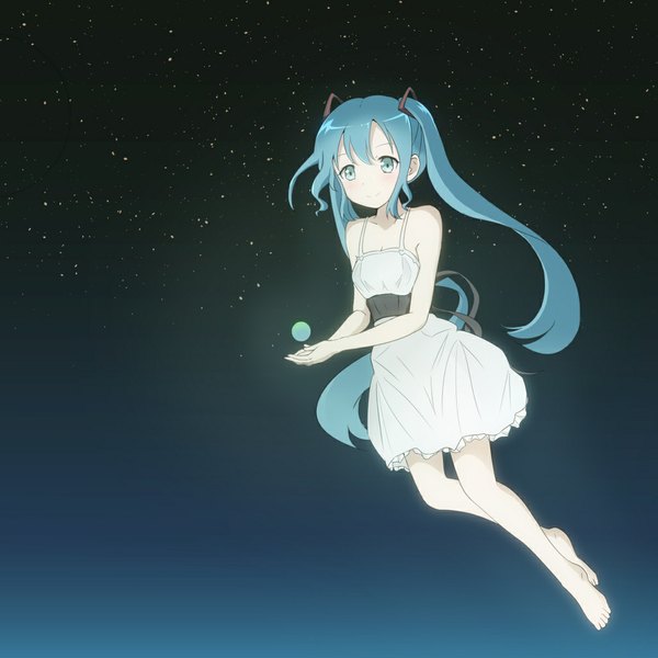 Anime picture 1025x1025 with vocaloid hatsune miku migiue single looking at viewer twintails bare shoulders very long hair barefoot aqua eyes aqua hair legs girl sundress