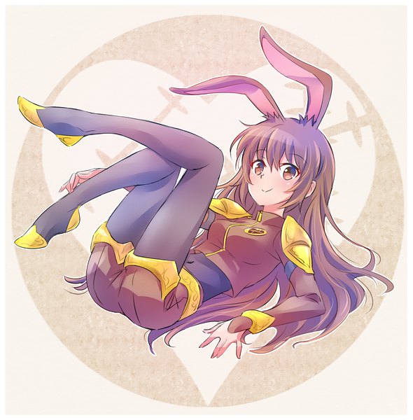 Anime picture 1965x2000 with rwby rooster teeth velvet scarlatina iesupa single long hair tall image looking at viewer highres breasts smile brown hair brown eyes animal ears full body lying on back bunny ears covered navel bunny girl
