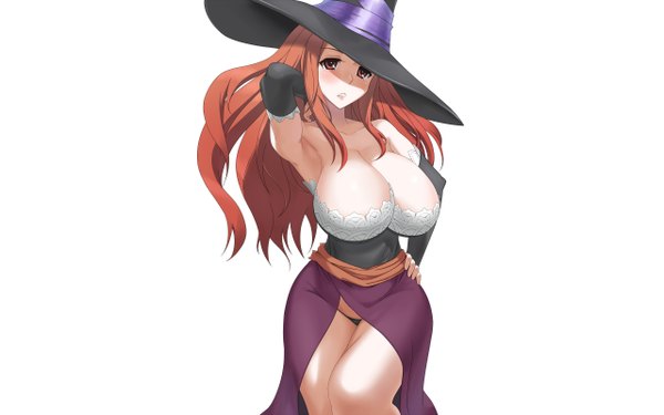 Anime picture 2560x1600 with dragon's crown vanillaware sorceress (dragon's crown) single long hair looking at viewer blush highres breasts light erotic simple background brown hair white background brown eyes cleavage hand on hip huge breasts witch girl dress
