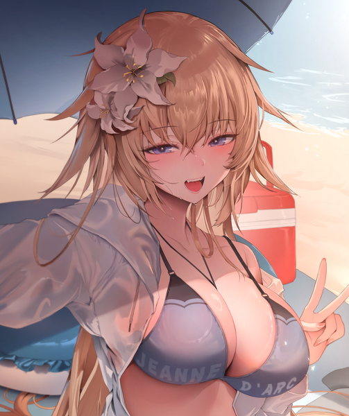 Anime picture 2421x2887 with fate (series) fate/grand order jeanne d'arc (fate) (all) jeanne d'arc (fate) zerocat single tall image looking at viewer blush fringe highres breasts open mouth blue eyes light erotic blonde hair hair between eyes large breasts upper body outdoors