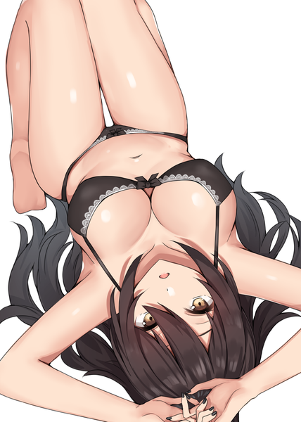 Anime picture 893x1253 with idolmaster idolmaster shiny colors shirase sakuya kanikou single long hair tall image looking at viewer fringe breasts open mouth light erotic simple background hair between eyes brown hair large breasts white background yellow eyes payot cleavage