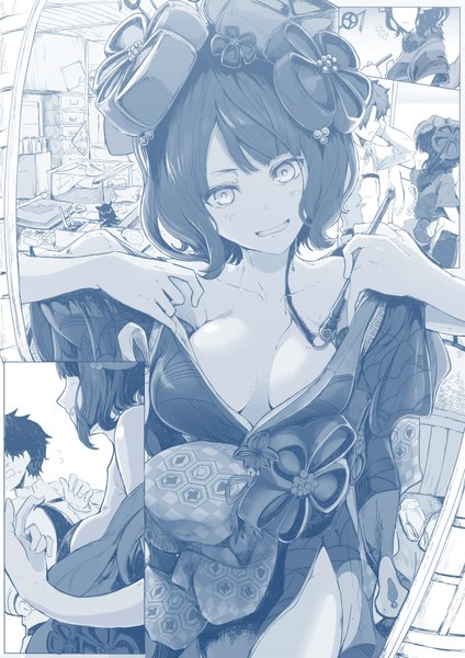 Anime picture 800x1131 with fate (series) fate/grand order katsushika hokusai (fate/grand order) tokitarou (fate/grand order) fujimaru ritsuka (male) syatey tall image looking at viewer blush fringe short hair breasts light erotic smile large breasts standing holding traditional clothes japanese clothes light smile