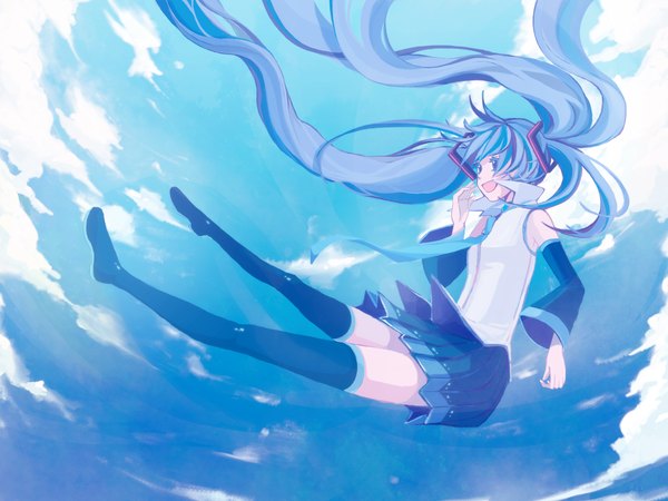 Anime picture 1440x1080 with vocaloid hatsune miku 72 (nananatsu) long hair open mouth smile twintails sky cloud (clouds) very long hair aqua eyes aqua hair no shoes flying falling girl thighhighs skirt black thighhighs detached sleeves