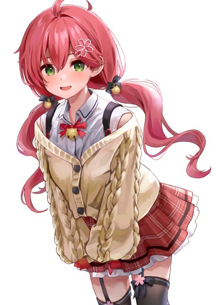 Anime picture 627x885 with virtual youtuber hololive sakura miko sakura miko (casual) hinami riku single long hair tall image fringe open mouth simple background hair between eyes white background twintails green eyes pink hair ahoge :d low twintails official alternate costume