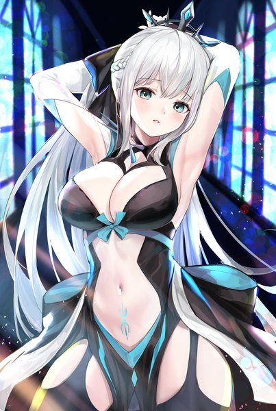 Anime picture 2690x4000 with fate (series) fate/grand order morgan le fay (fate) lillly single long hair tall image looking at viewer blush fringe highres breasts light erotic large breasts standing silver hair ponytail blunt bangs braid (braids) aqua eyes
