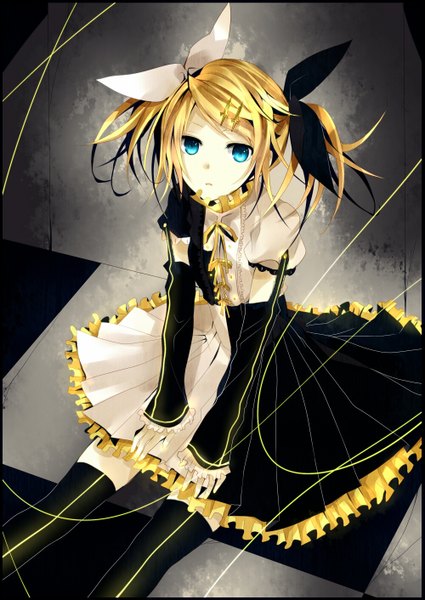 Anime picture 1000x1412 with vocaloid kagamine rin kinatsu souju single tall image short hair blue eyes blonde hair girl thighhighs dress bow black thighhighs hair bow frills