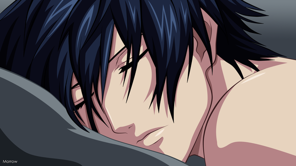 Anime picture 2400x1348 with uta no prince-sama a-1 pictures ichinose tokiya morrow single highres short hair simple background wide image blue hair eyes closed grey background portrait face sleeping vector boy