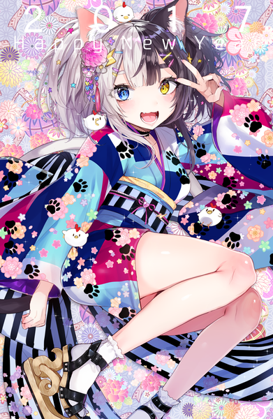 Anime picture 1500x2300 with original metako (hoyashi rebirth) nekometaru single tall image looking at viewer blush fringe short hair open mouth black hair twintails animal ears silver hair traditional clothes :d japanese clothes multicolored hair cat ears two-tone hair