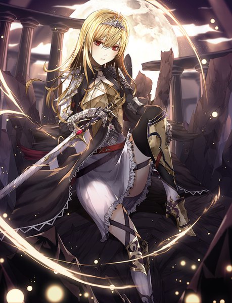 Anime picture 1000x1308 with original kim jin (tmxhfl4490) single long hair tall image looking at viewer blush fringe light erotic blonde hair hair between eyes red eyes sitting holding outdoors girl weapon sword armor moon