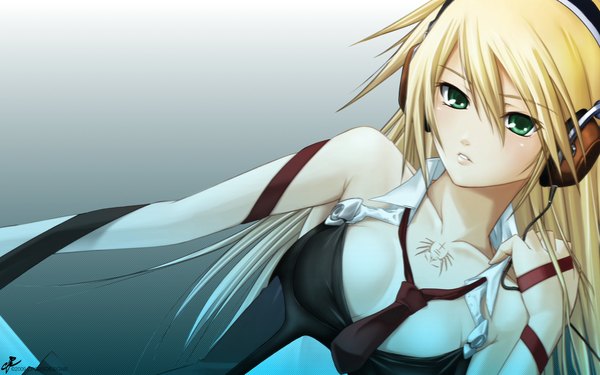 Anime picture 1920x1200 with blazblue noel vermillion tagme (artist) single long hair looking at viewer blush highres blonde hair wide image bare shoulders green eyes tattoo girl necktie headphones