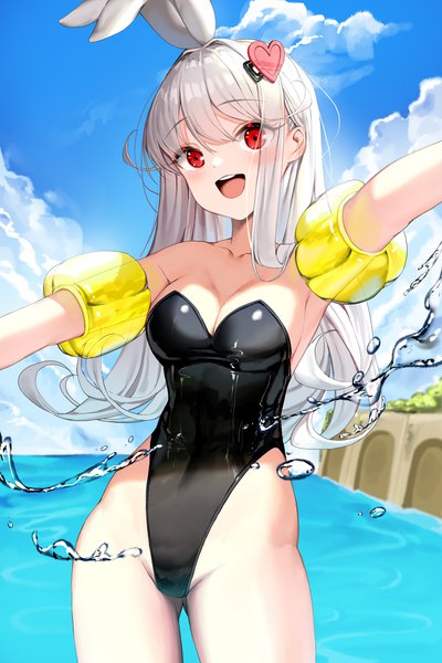 Anime picture 1667x2500 with original lee seok ho single long hair tall image looking at viewer blush fringe breasts open mouth light erotic smile red eyes standing animal ears sky cleavage silver hair cloud (clouds) outdoors