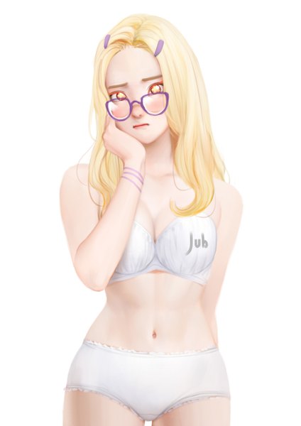 Anime-Bild 1920x2716 mit original caramel (jubi) jubi (regiana) single long hair tall image looking at viewer blush highres breasts light erotic simple background blonde hair large breasts white background brown eyes signed cleavage realistic underwear only