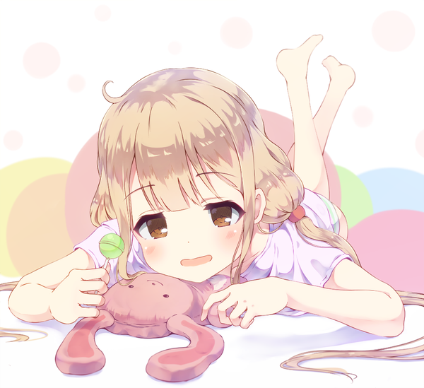 Anime picture 1000x915 with idolmaster idolmaster cinderella girls futaba anzu alc (ex2 lv) long hair blush fringe open mouth blonde hair twintails brown eyes payot bent knee (knees) lying bare legs low twintails leg lift (legs lift) girl food sweets