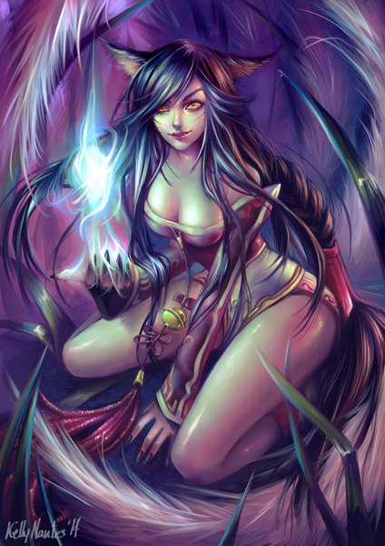 Anime picture 1024x1448 with league of legends ahri (league of legends) kelly-nantes single tall image looking at viewer breasts light erotic black hair sitting bare shoulders animal ears yellow eyes tail braid (braids) very long hair nail polish animal tail fingernails light smile