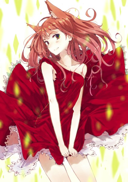 Anime picture 753x1071 with original hrd single long hair tall image looking at viewer blush smile brown hair bare shoulders green eyes animal ears cat ears girl dress red dress
