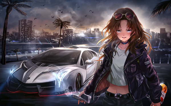 Anime picture 1607x1000 with original i-ron single long hair looking at viewer blush fringe open mouth smile brown hair wide image standing holding brown eyes sky cloud (clouds) outdoors open jacket midriff city