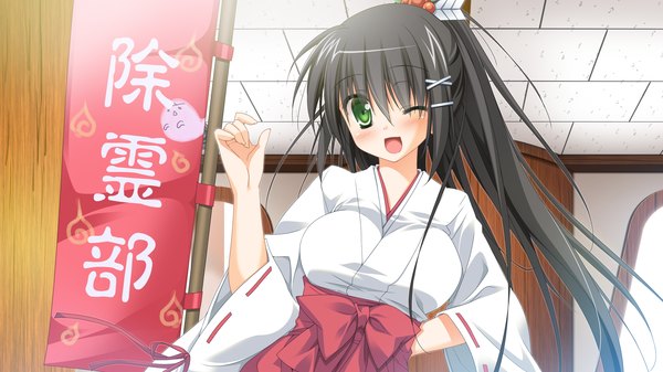 Anime picture 2560x1440 with 1/2 summer oshisaka tsugumi sesena yau long hair blush highres open mouth black hair wide image green eyes game cg ponytail one eye closed wink girl