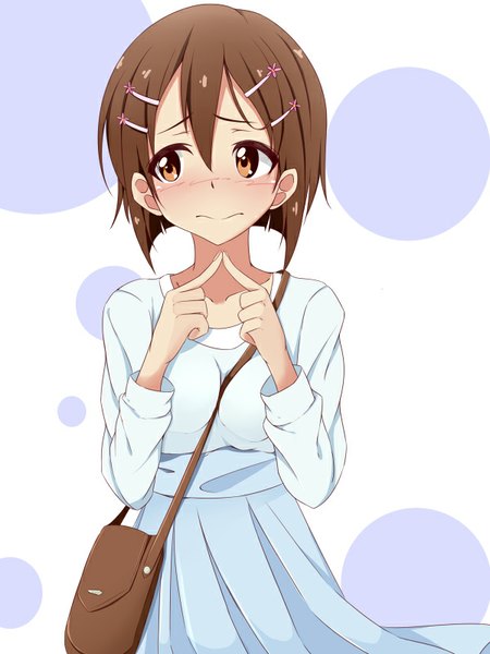 Anime picture 600x800 with idolmaster hagiwara yukiho hitotsuki nanoka single tall image blush short hair brown hair brown eyes looking away girl dress hair ornament hairclip bag blue dress