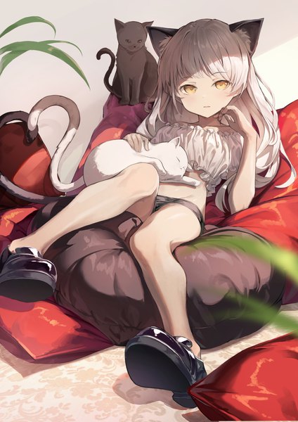 Anime-Bild 6096x8624 mit original dampi single long hair tall image looking at viewer fringe highres open mouth animal ears yellow eyes absurdres silver hair full body bent knee (knees) tail blunt bangs animal tail cat ears cat girl