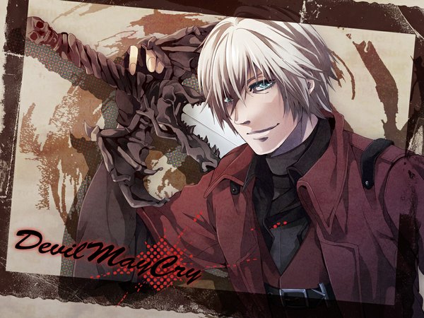 Anime picture 1024x768 with devil may cry dante (devil may cry) single looking at viewer short hair smile green eyes white hair light smile boy weapon jacket cloak skull huge weapon huge sword