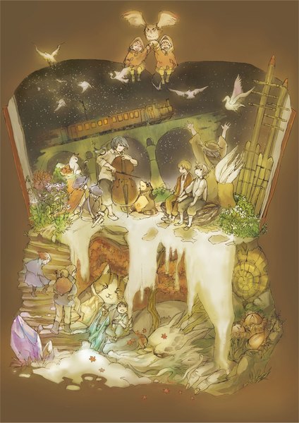 Anime picture 1351x1913 with pixiv sumi (pixiv18795) tall image simple background sky flying playing instrument flower (flowers) animal bird (birds) book (books) star (stars) cat musical instrument stairs crystal child (children) bridge train violin