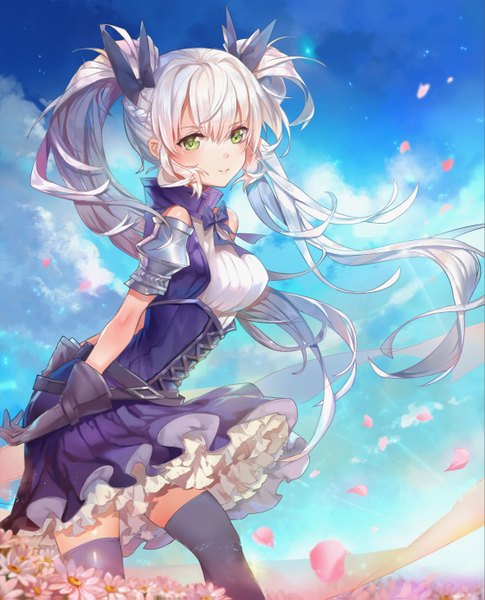 Anime picture 1119x1383 with original samu (a117216) single long hair tall image looking at viewer blush fringe smile hair between eyes twintails green eyes payot sky white hair braid (braids) wind sunlight leaning zettai ryouiki