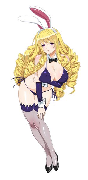 Anime picture 500x1016 with valkyrie drive arms corporation ariel foch cle masahiro single long hair tall image looking at viewer breasts light erotic simple background blonde hair large breasts white background purple eyes animal ears bunny ears drill hair girl thighhighs