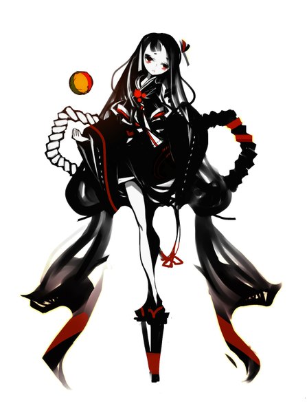 Anime picture 1212x1625 with original kiku (kicdoc) single tall image looking at viewer blush black hair simple background white background very long hair traditional clothes japanese clothes black eyes wide sleeves girl ribbon (ribbons) ball