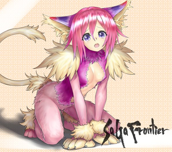 Anime picture 1125x1000 with saga frontier pink punch (saga frontier) bochi (pixiv id392759) single short hair open mouth light erotic purple eyes animal ears pink hair cleavage animal tail monster girl girl