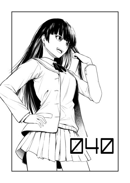 Anime picture 2598x3661 with original yamamoto yuusuke single long hair tall image fringe highres open mouth black hair simple background standing white background looking away blunt bangs :d pleated skirt hand on hip adjusting hair border monochrome